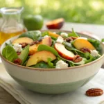 Spinach salad with peaches, avocado, feta, and pecans