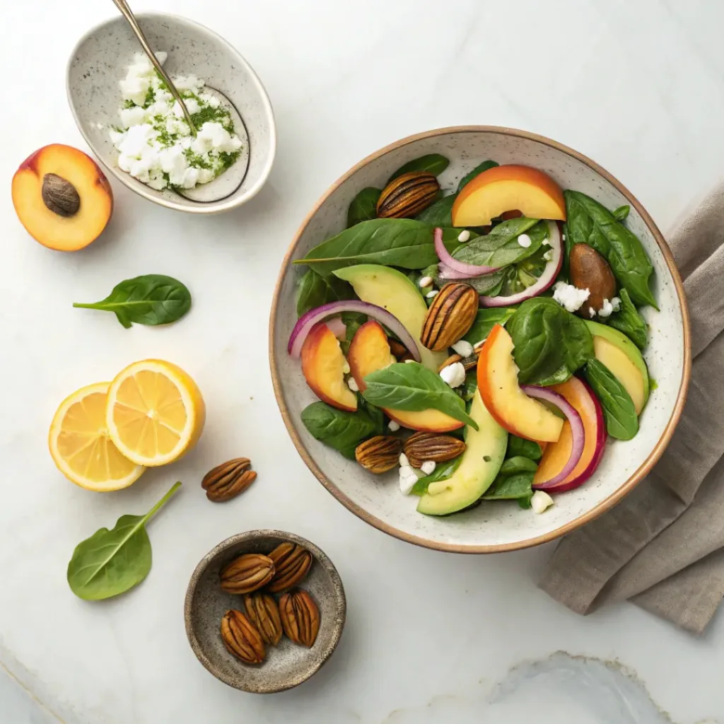 Flat lay of spinach, peaches, avocado, feta, and salad ingredients