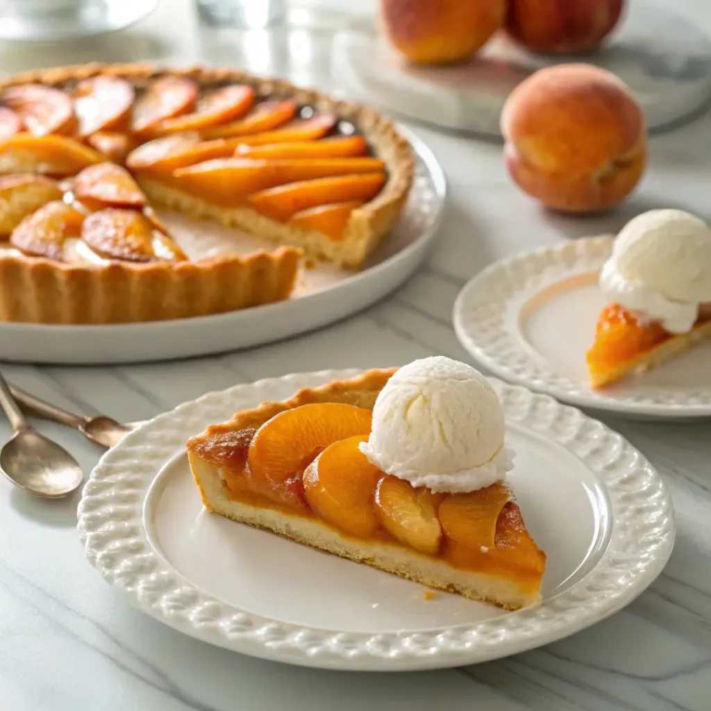 Slice of peach tart served with cream and coffee