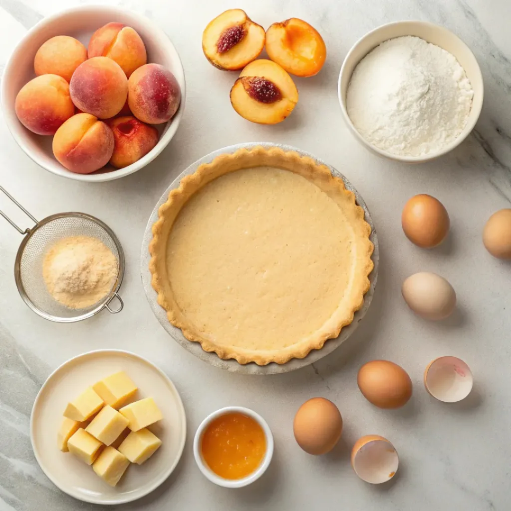 Flat lay of peaches, tart dough, butter, eggs, and baking ingredients