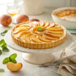 Fresh peach tart with glossy peach slices and golden crust