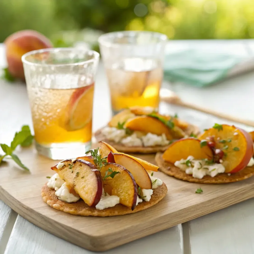 Peach Tostadas – Sweet & Savory Summer Street-Style Tostadas 8 Peach tostadas served with herbs and honey drizzle
