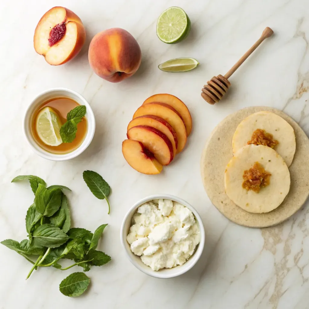 Peach Tostadas – Sweet & Savory Summer Street-Style Tostadas 6 Flat lay of tostadas, peaches, cheese, honey, and herbs
