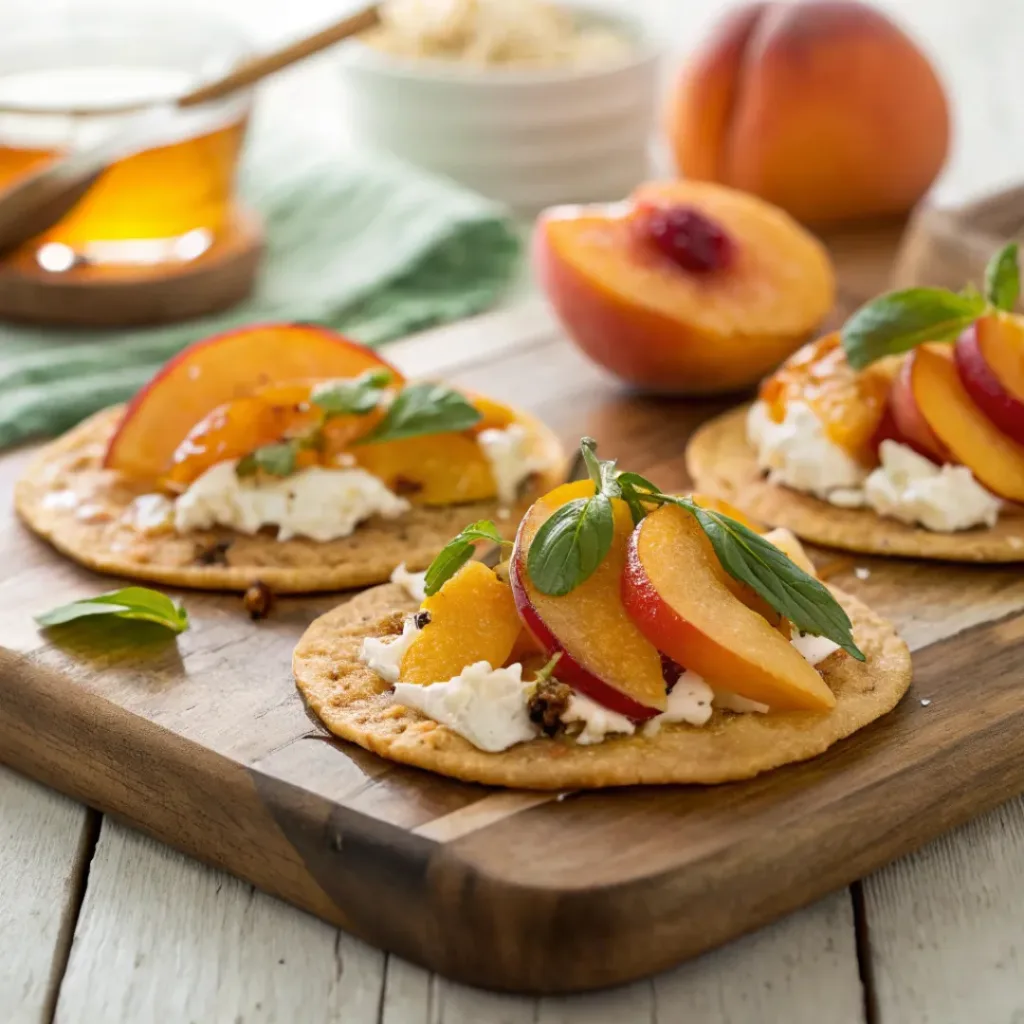 Crispy tostadas topped with peaches, cream, and herbs