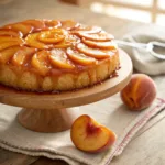 Upside down cake with caramel peaches on top and soft golden crumb