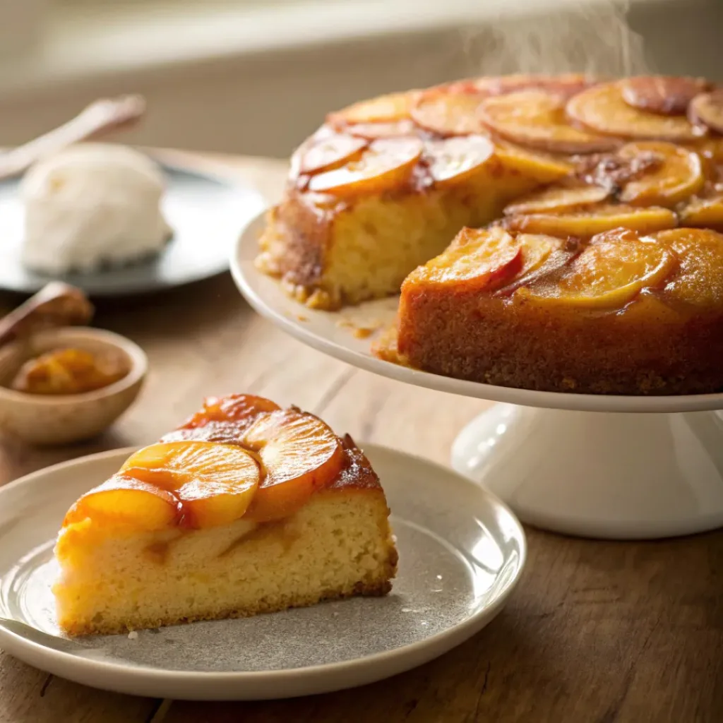 Caramelized peach upside down cake with soft golden crumb