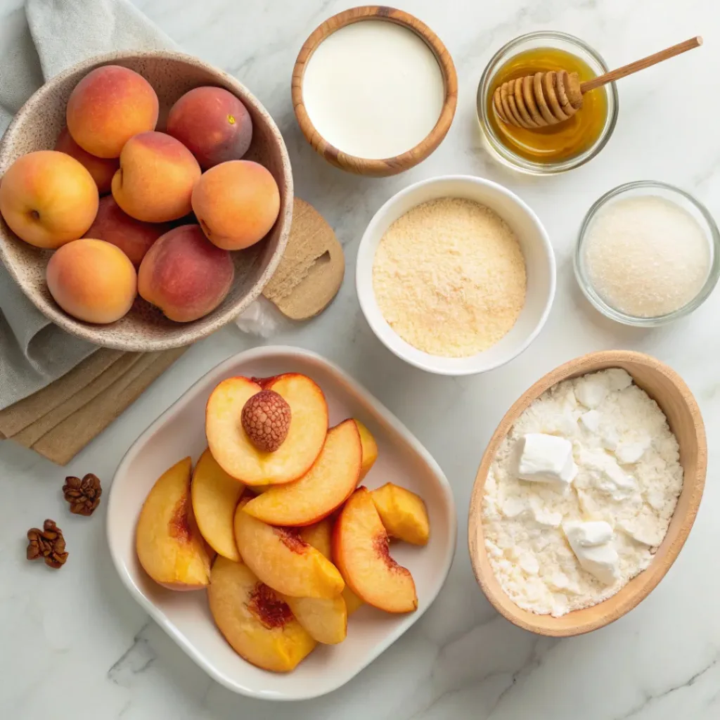 Flat lay of peaches, flour, butter, sugar, and baking ingredients