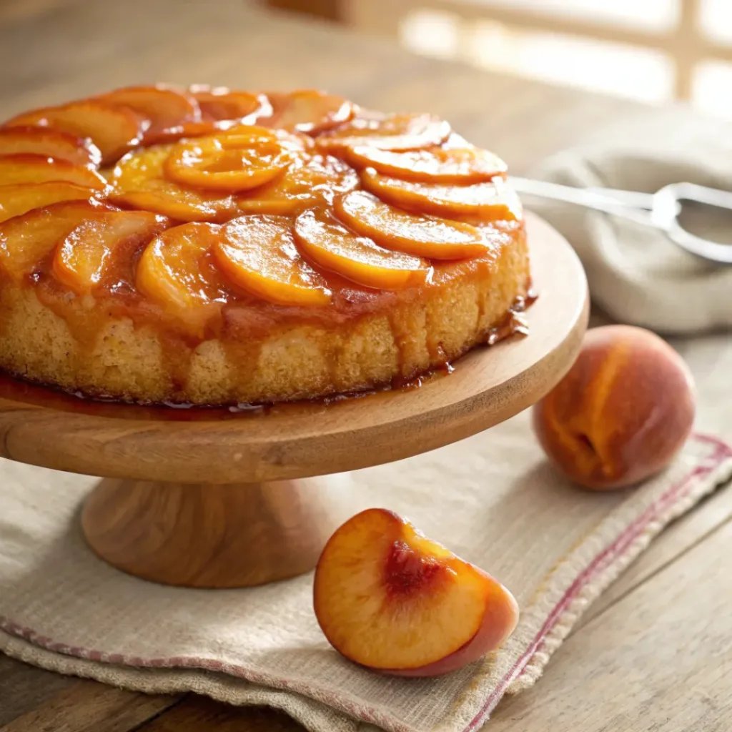 Upside down cake with caramel peaches on top and soft golden crumb