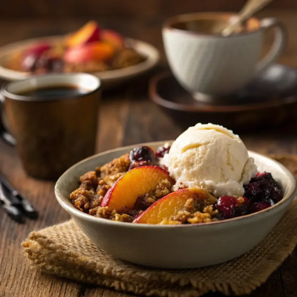 Peach and berry crisp served warm with ice cream