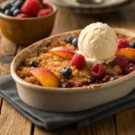 Peach and berry crisp with golden topping and melting ice cream