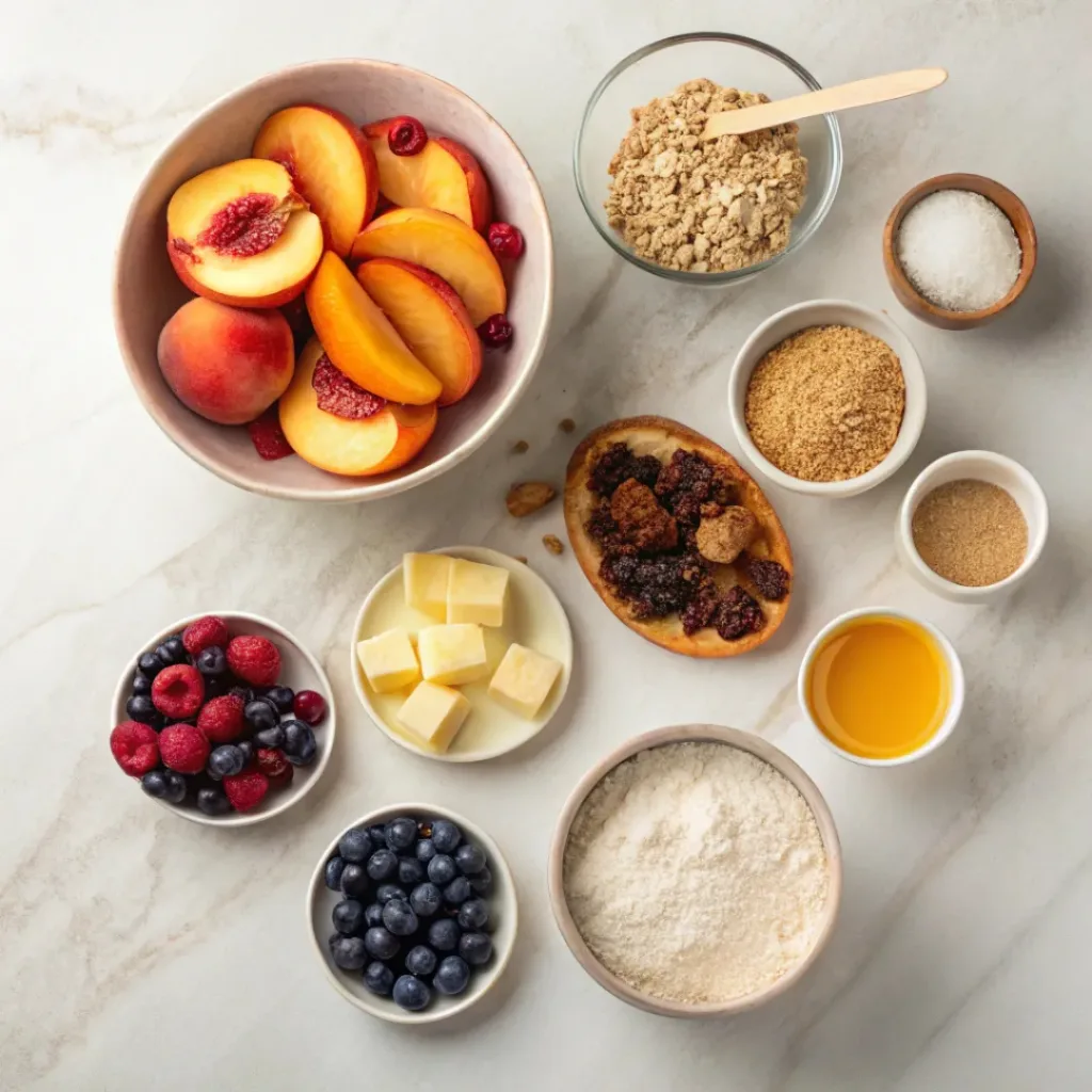 Flat lay of peaches, berries, oats, butter, and baking ingredients