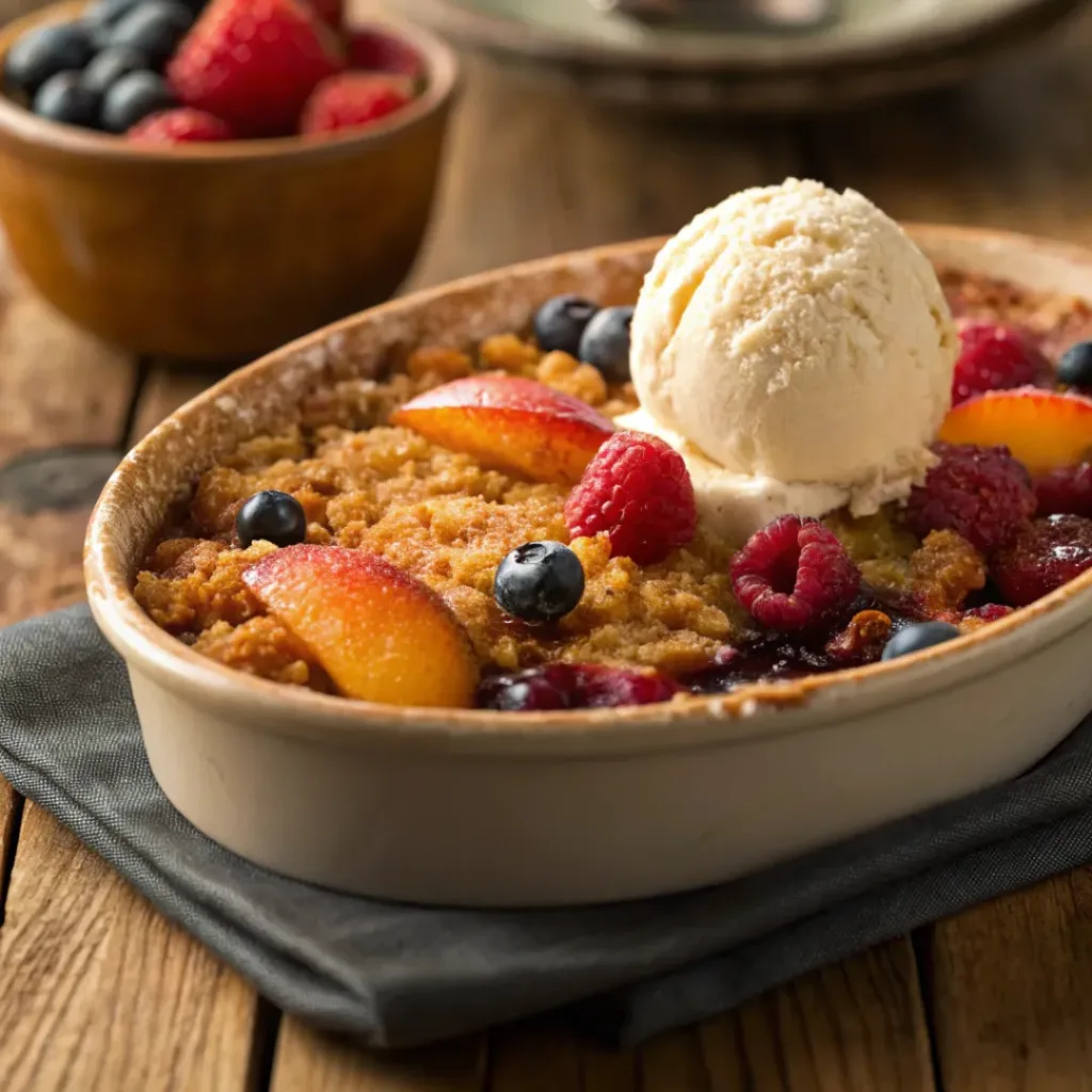 Peach and berry crisp with golden topping and melting ice cream