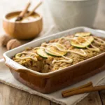 Baked oatmeal with peanut butter drizzle, bananas, and nuts