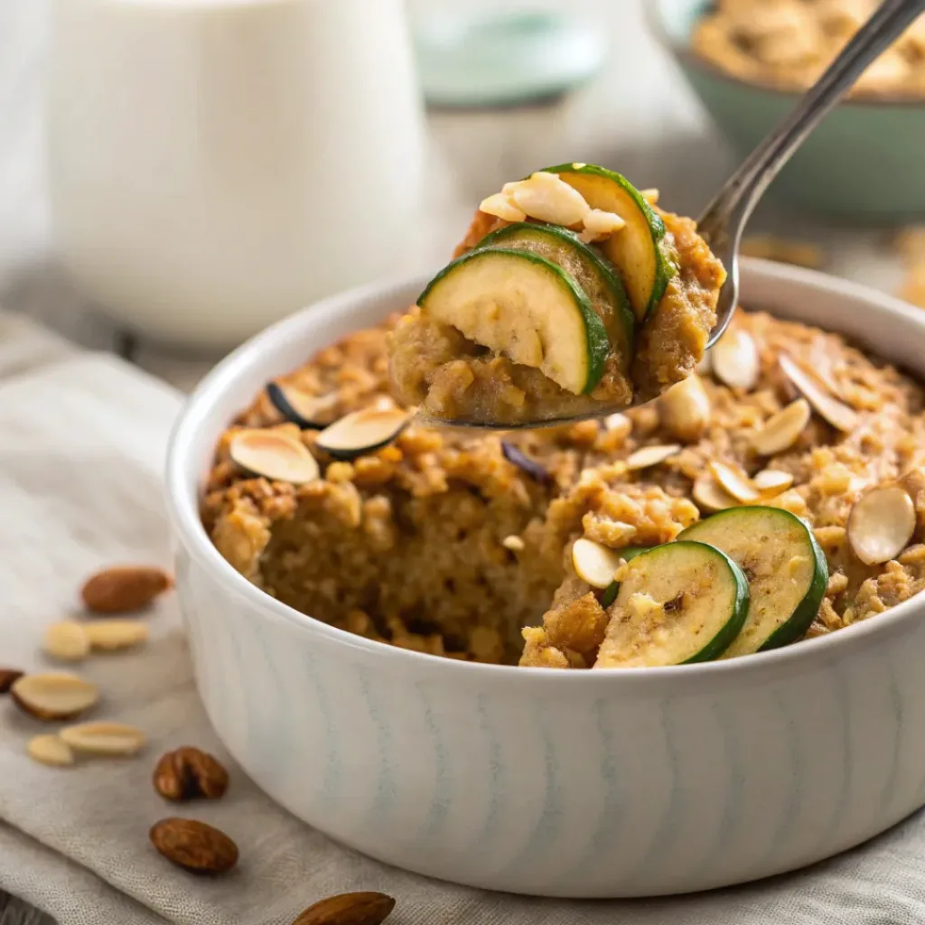 Peanut Butter Zucchini Baked Oatmeal – Healthy, Filling & Protein-Packed Breakfast Bake 8 Warm baked oatmeal with peanut butter, banana, and nuts