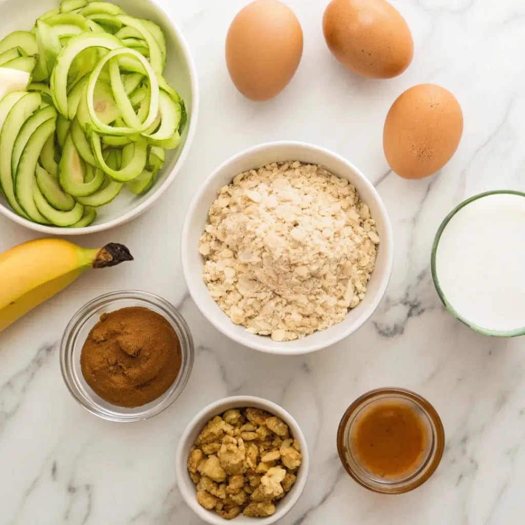 Peanut Butter Zucchini Baked Oatmeal – Healthy, Filling & Protein-Packed Breakfast Bake 6 Flat lay of oats, peanut butter, zucchini, eggs, and breakfast ingredients