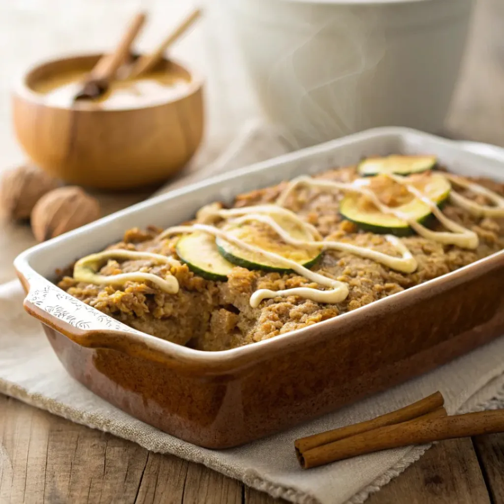 Baked oatmeal with peanut butter drizzle, bananas, and nuts