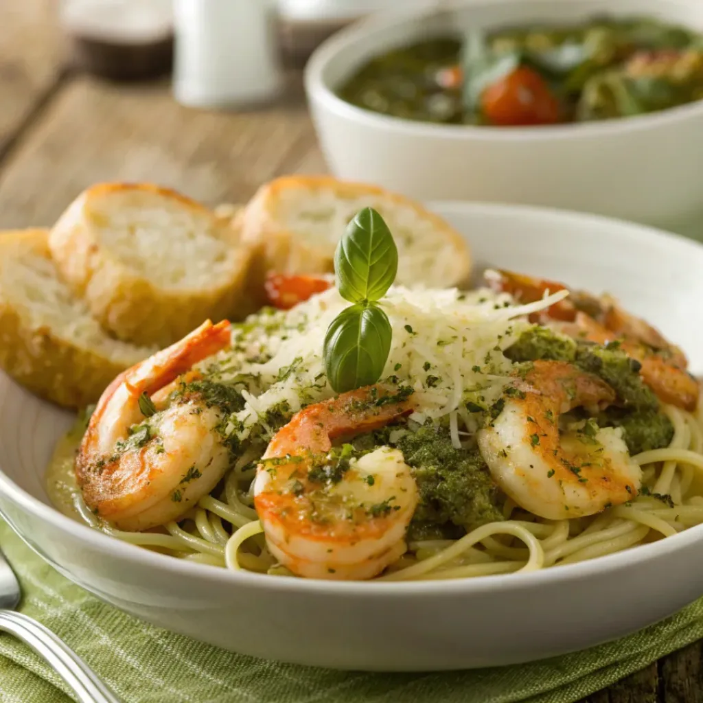 Pesto shrimp with mushrooms served with pasta and bread