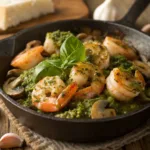 Pesto shrimp with sautéed mushrooms and basil