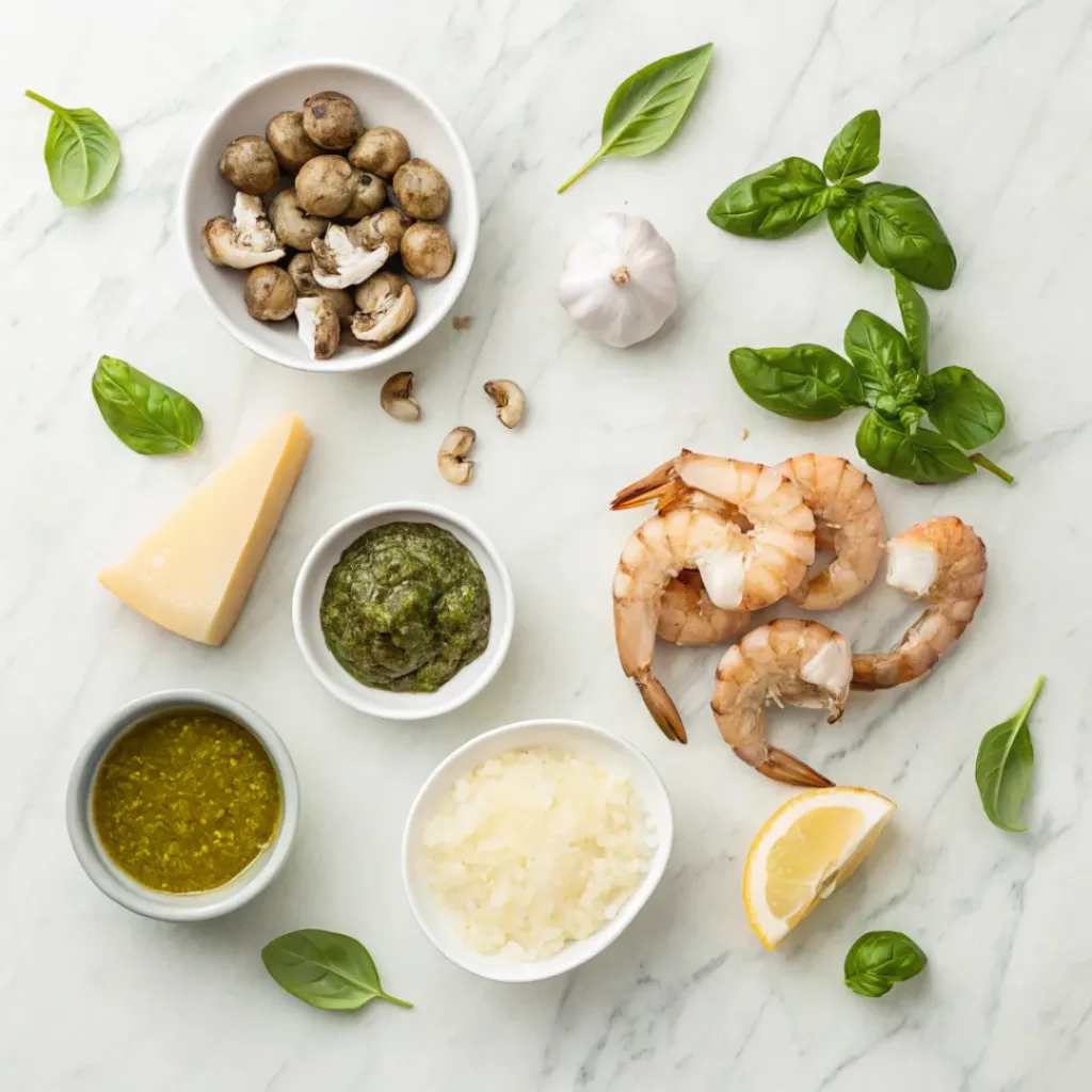 Flat lay of shrimp, mushrooms, pesto, garlic, and parmesan