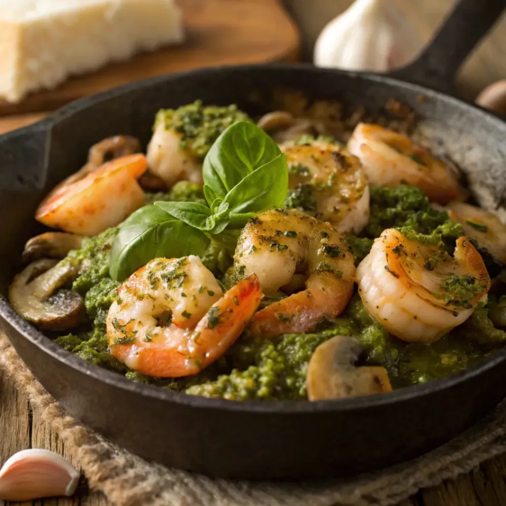 Pesto shrimp with sautéed mushrooms and basil