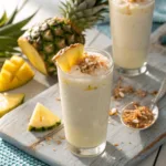Cold pineapple coconut smoothie with tropical fruit garnish