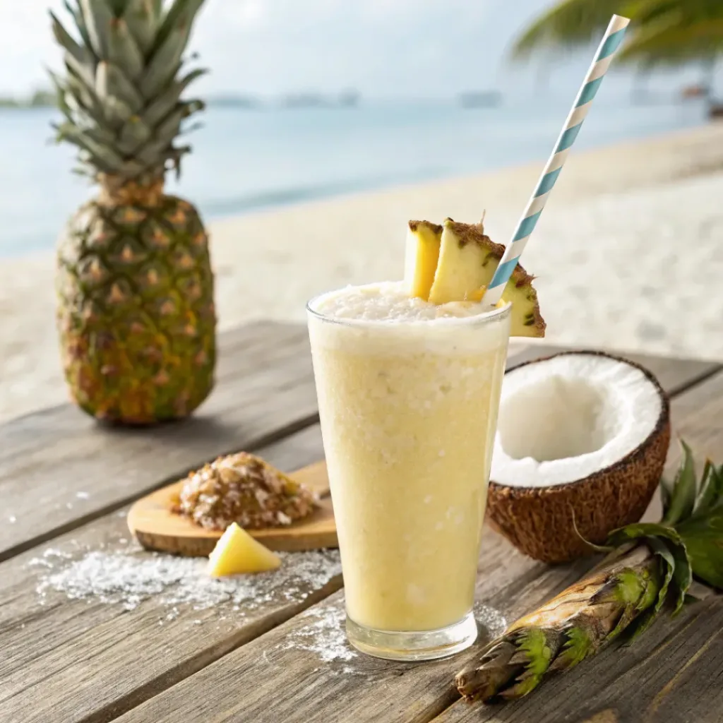 Pineapple Coconut Smoothie – Creamy, Tropical & Refreshing Drink 8 Creamy pineapple coconut smoothie with tropical garnish