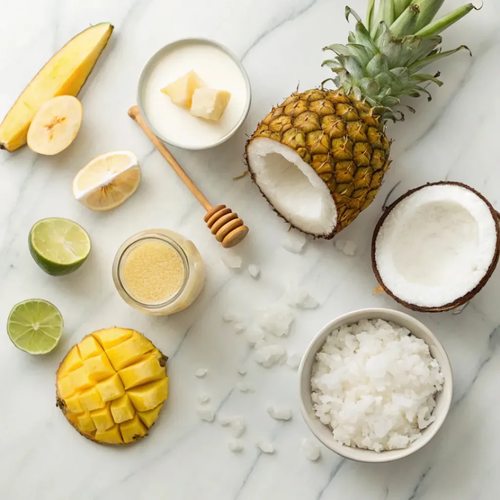Pineapple Coconut Smoothie – Creamy, Tropical & Refreshing Drink 6 Flat lay of pineapple, coconut milk, banana, and smoothie ingredients