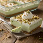 Layered pistachio lush dessert with whipped topping and nuts