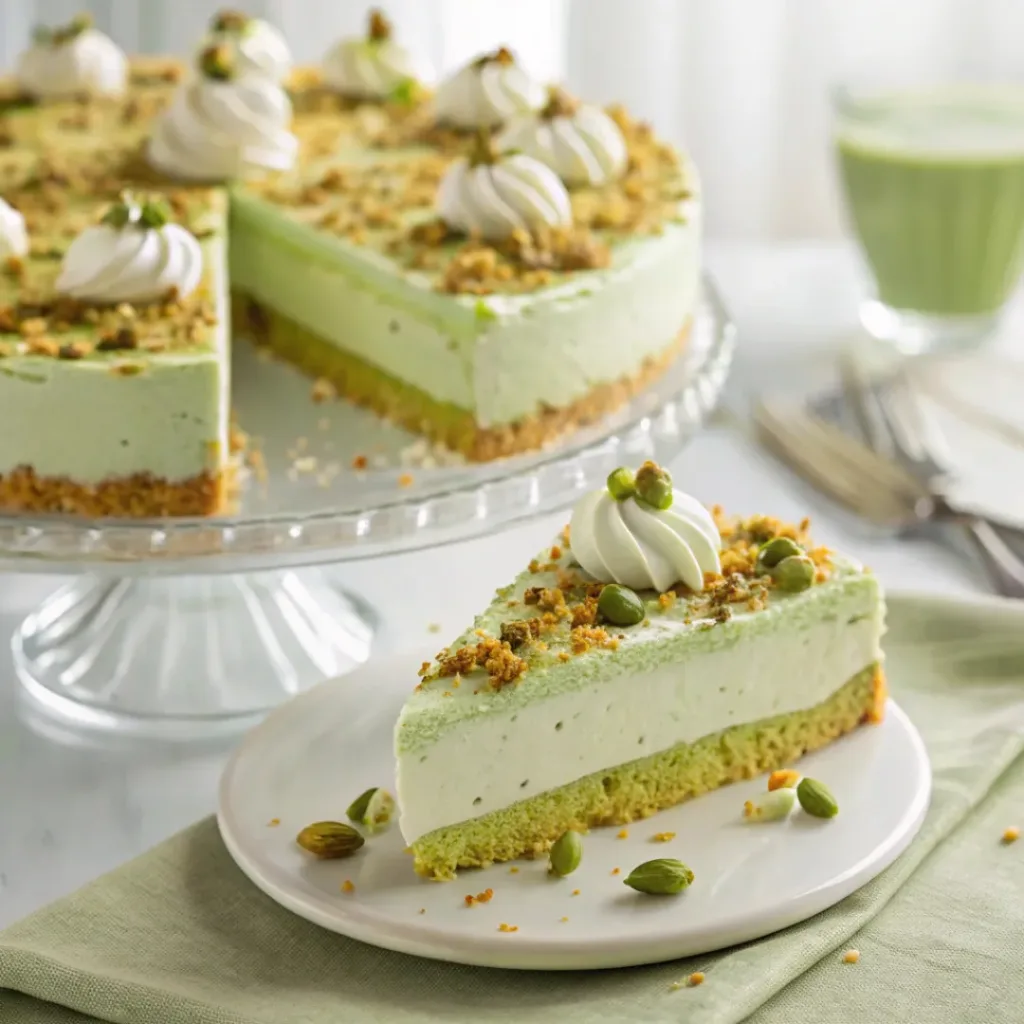 Layered pistachio lush dessert with whipped cream and crushed pistachios