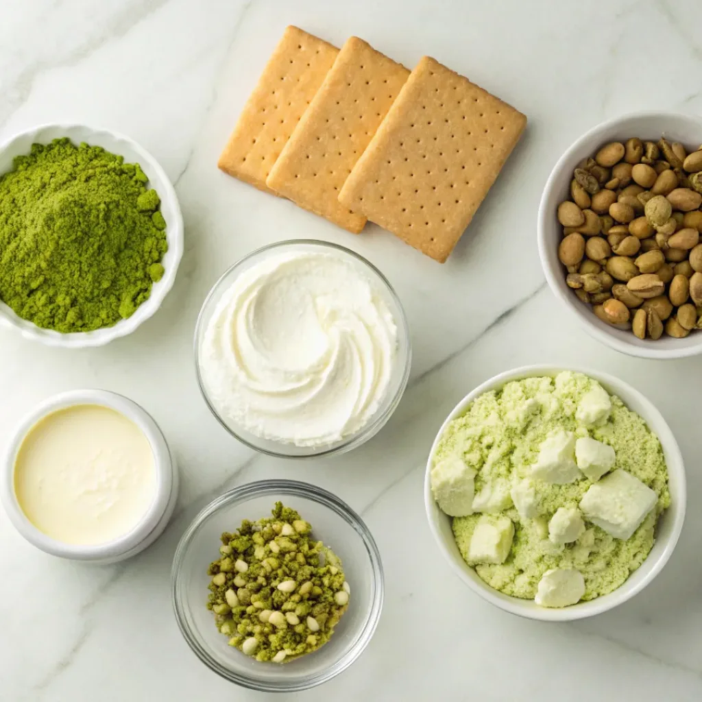 Flat lay of pistachio pudding mix, cream cheese, graham crackers, and toppings