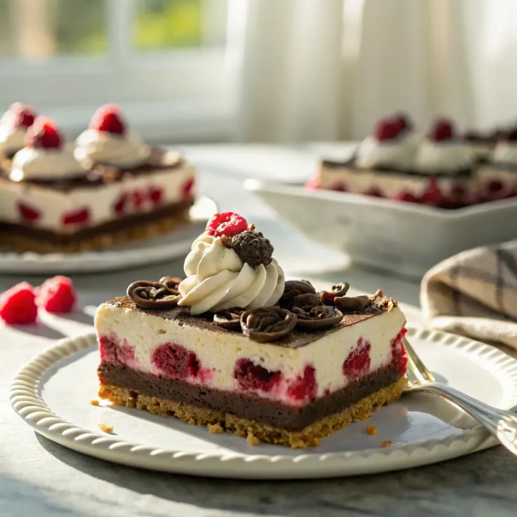 Creamy raspberry chocolate layered dessert with fresh berries