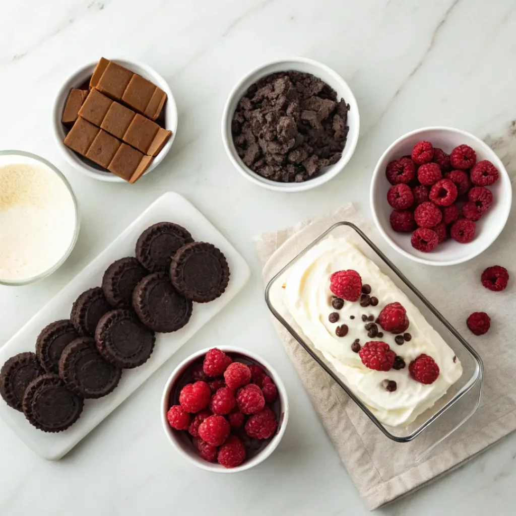 Flat lay of raspberries, chocolate cookies, pudding mix, and cream cheese