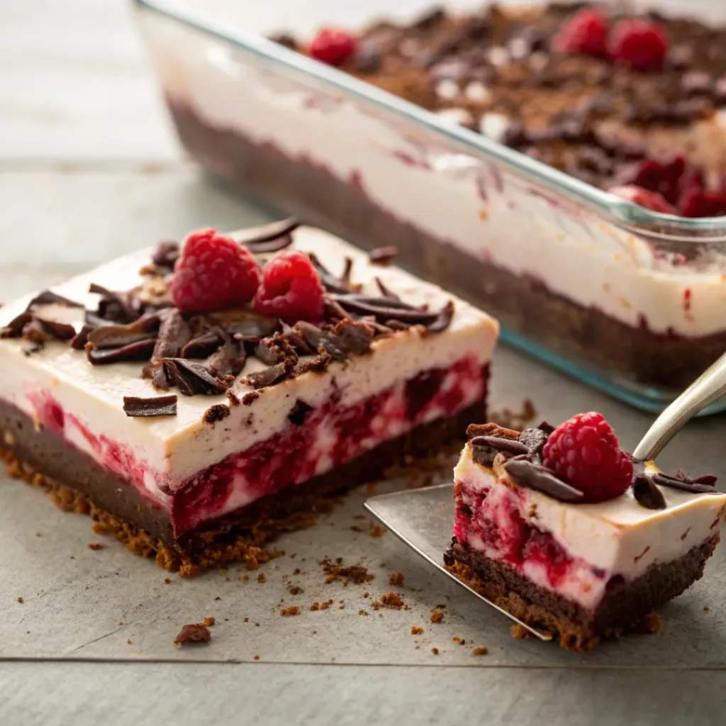 Layered raspberry chocolate dessert with whipped topping and berries