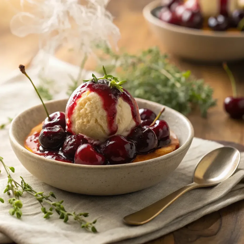 Roasted cherries served over dessert with syrup and herbs