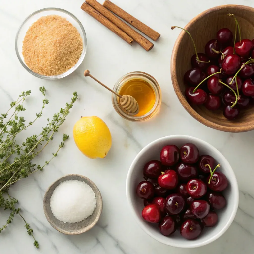 Flat lay of cherries, sugar, vanilla, and roasting ingredients