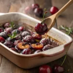 Roasted cherries in baking dish with syrup and thyme