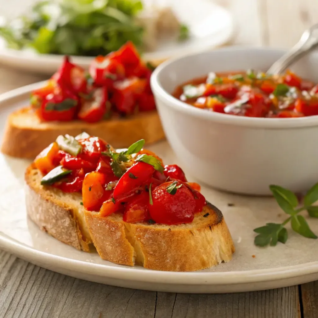 Bruschetta with roasted red peppers served with light meal