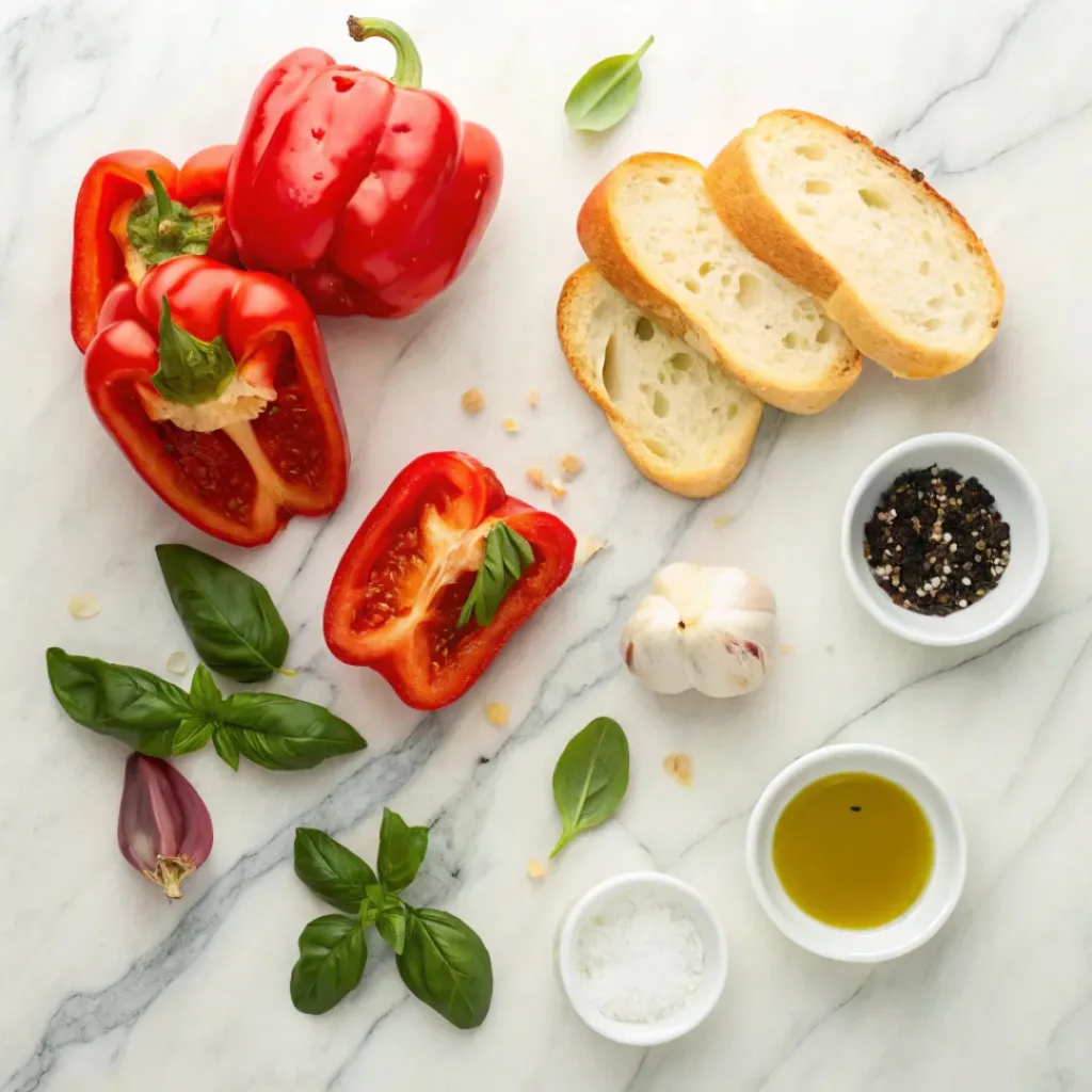 Flat lay of red peppers, bread, garlic, basil, and olive oil