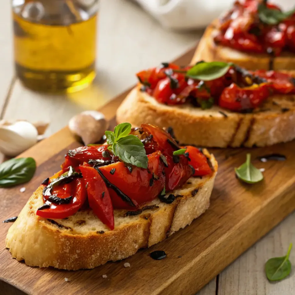 Bruschetta with roasted red peppers, basil, and toasted bread
