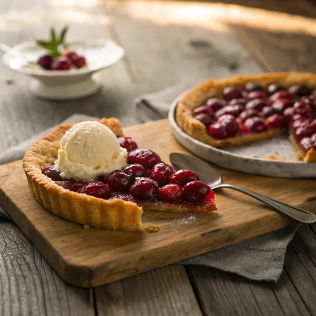 Rustic Cherry Tart – Buttery, Fruity & Beautifully Simple Dessert 8 Slice of cherry tart served with vanilla ice cream