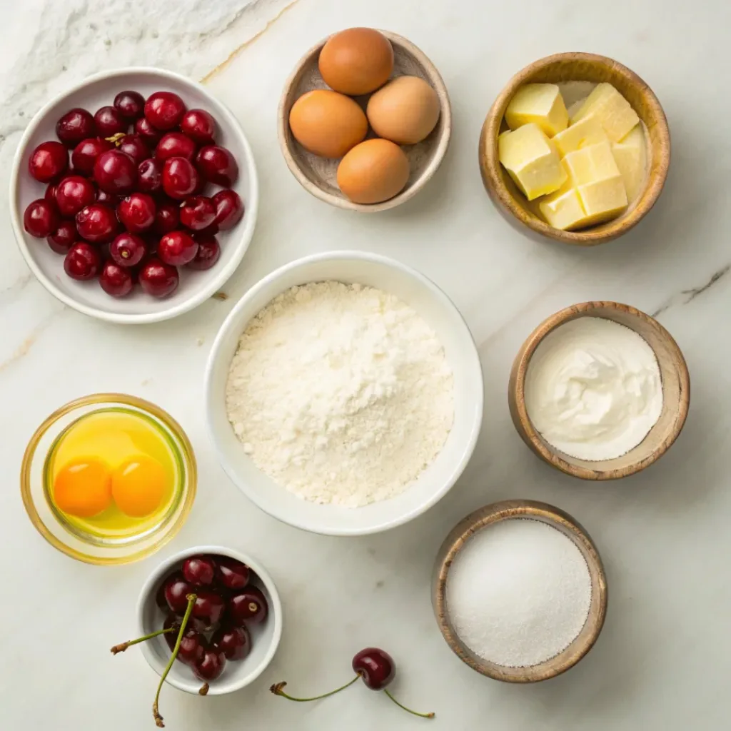 Rustic Cherry Tart – Buttery, Fruity & Beautifully Simple Dessert 6 Flat lay of cherries, flour, butter, sugar, and baking ingredients