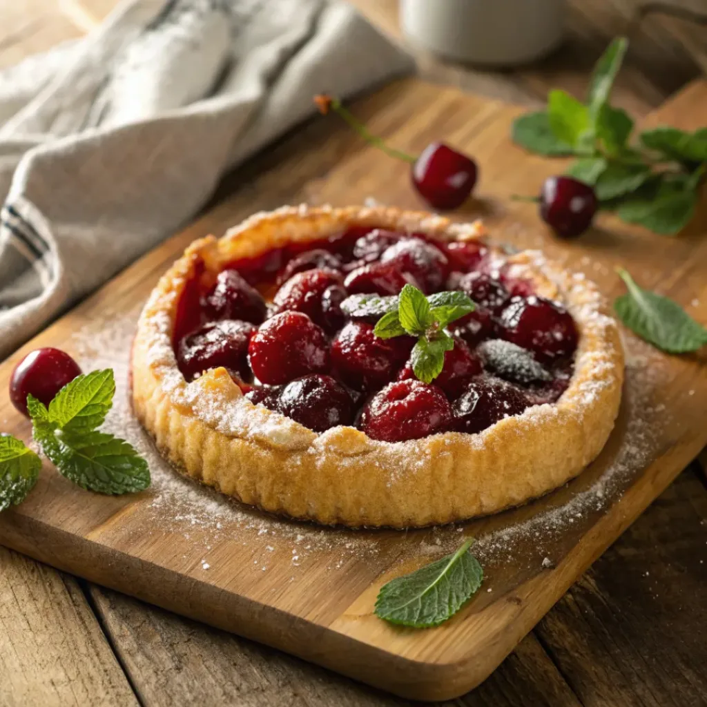Rustic cherry tart with golden crust and glossy cherry filling