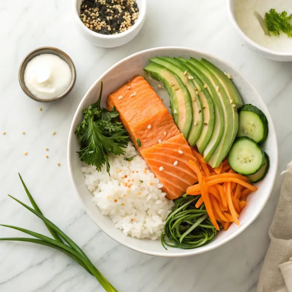 Salmon Rice Bowls – Fresh, Flavorful & Easy Weeknight Meal 6 Flat lay of salmon, rice, avocado, vegetables, and sauces