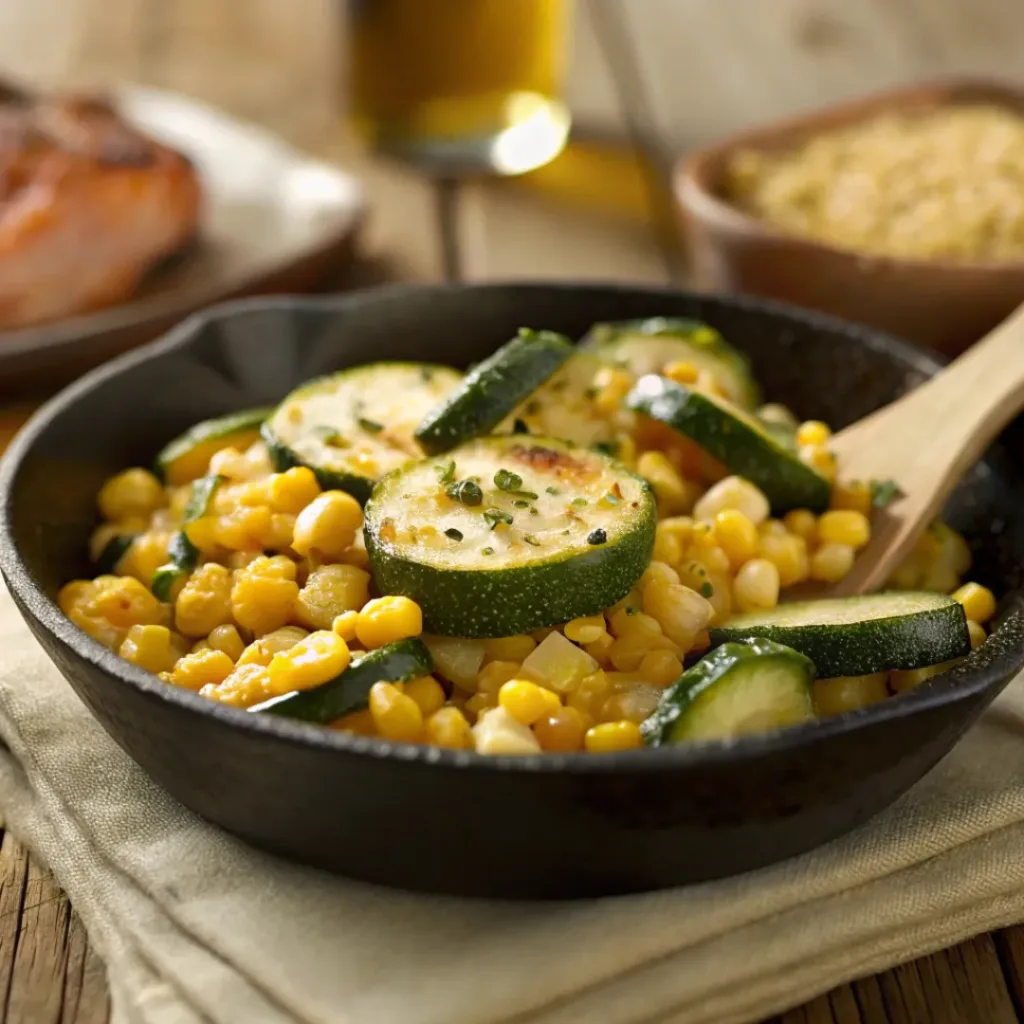Corn and zucchini skillet served with grilled dishes