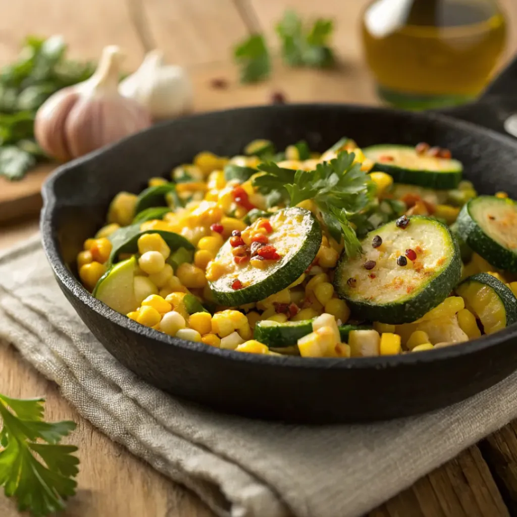 Sautéed corn and zucchini in skillet with herbs