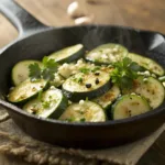 Buttery garlic sautéed zucchini in a skillet with herbs