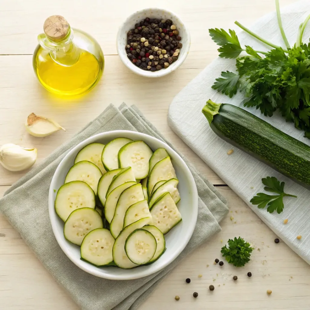 Sautéed Zucchini with Garlic and Butter – Quick, Buttery & Flavorful Side Dish 6 Flat lay of zucchini, garlic, butter, and herbs for cooking
