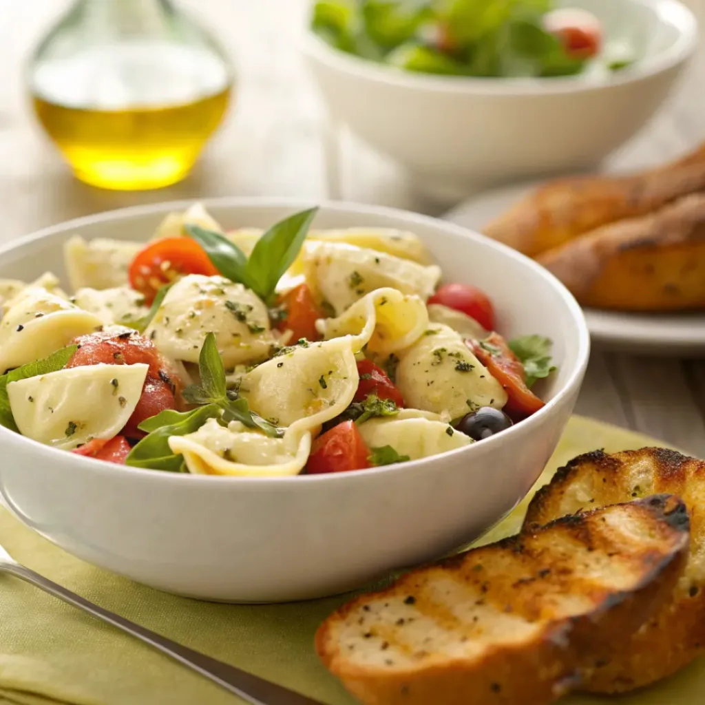 Tuscan Tortellini Salad – Creamy Italian Pasta Salad with Fresh Veggies 8 Creamy tortellini salad served with bread and grilled chicken