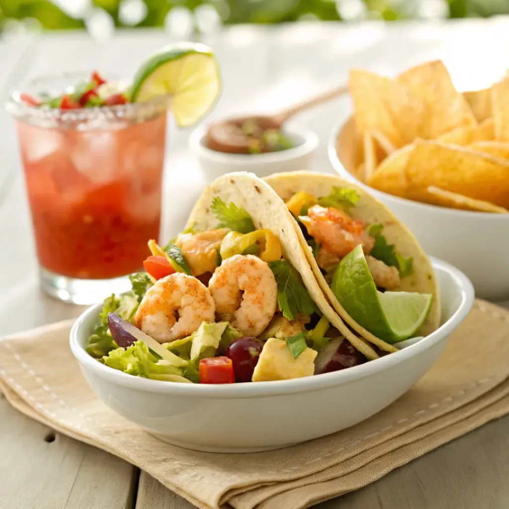 Shrimp taco salad served with lime drinks and tortilla chips