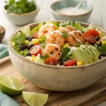 Shrimp taco salad with avocado, corn, and tortilla strips